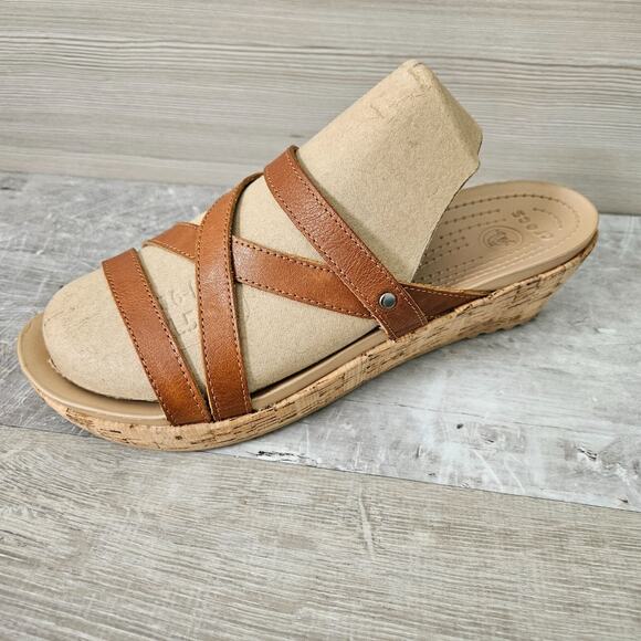 Crocs Women's A-Leigh Brown Leather Wedge Sandal Comfy Strappy Womens Size 11 - Picture 3 of 14